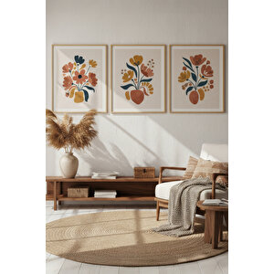 Minimalist Çiçek İllüstrasyonu 3’lü Ahşap Çerçeveli Tablo Seti 50x70 cm
