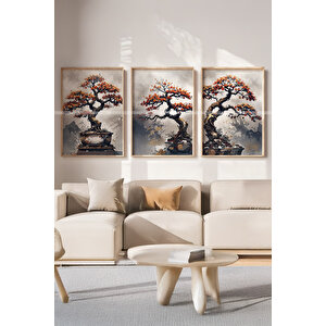 Japon Ağaçlı 3'lü Ahşap Çerçeveli Tablo Seti-2 30x42 cm
