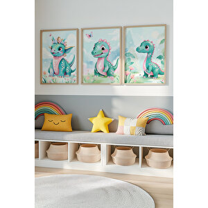 Bebek Ve Çocuk Odası Sevimli Dinozor Tema Ahşap Çerçeveli 3'lü Tablo Seti 21x30 cm