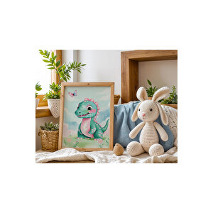 Bebek Ve Çocuk Odası Sevimli Dinozor Tema Ahşap Çerçeveli 3'lü Tablo Seti 21x30 cm