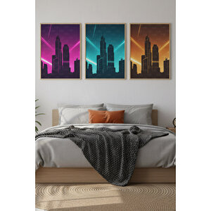 Neon Şehir Silüeti 3’lü Modern Ahşap Çerçeveli Tablo Seti - Yatak Odası Dekoru 50x70 cm