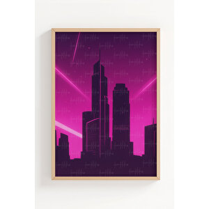 Neon Şehir Silüeti 3’lü Modern Ahşap Çerçeveli Tablo Seti - Yatak Odası Dekoru 50x70 cm