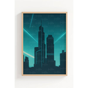 Neon Şehir Silüeti 3’lü Modern Ahşap Çerçeveli Tablo Seti - Yatak Odası Dekoru 50x70 cm