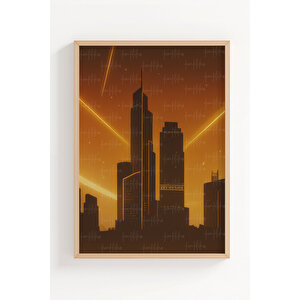 Neon Şehir Silüeti 3’lü Modern Ahşap Çerçeveli Tablo Seti - Yatak Odası Dekoru