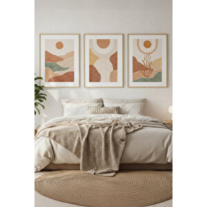 Boho Tarzı Soyut 3 Parçalı Ahşap Çerçeveli Tablo Seti 30x42 cm