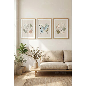 Doğal Kuş Ve Kelebek 3’lü Ahşap Çerçeveli Tablo Seti - Salon Duvar Dekoru 30x42 cm