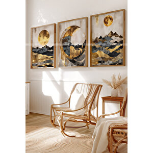 Altın Ay Manzaraları 3 Parçalı Ahşap Çerçeveli Tablo Seti-2 21x30 cm