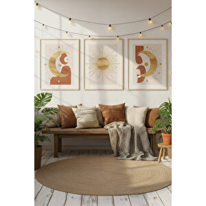 Güneş Ve Ay 3’lü Soyut Ahşap Çerçeveli Tablo Seti - Salon Dekoru 21x30 cm