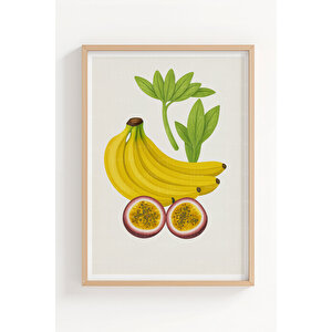 Mango Ananas Muz 3’lü Bitki Ve Çiçek Temalı Ahşap Çerçeveli Tablo Seti - Mutfak Dekoru