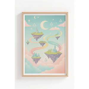 Uçan Balon Ve Ada Manzaralı 3’lü Modern Ahşap Çerçeveli Tablo Seti - Yatak Odası Dekoru 21x30 cm