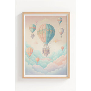 Uçan Balon Ve Ada Manzaralı 3’lü Modern Ahşap Çerçeveli Tablo Seti - Yatak Odası Dekoru 21x30 cm