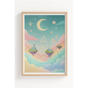 Uçan Balon Ve Ada Manzaralı 3’lü Modern Ahşap Çerçeveli Tablo Seti - Yatak Odası Dekoru