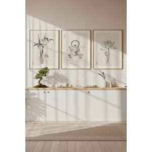 Bambu Çay Ve Lotus 3’lü Manevi Ve Dini Temalı Ahşap Çerçeveli Tablo Seti - Mutfak Dekoru 50x70 cm