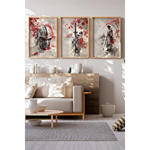 Samuray Savaşçıları 3 Parçalı Ahşap Çerçeveli Tablo Seti 21x30 cm