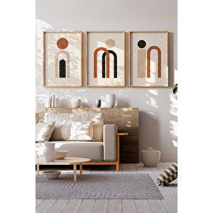 Geometrik Minimalist Kemer Ve Daireler 3 Parçalı Ahşap Çerçeveli Tablo Seti 30x42 cm