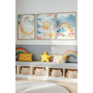 Güneş, Ay Ve Gökkuşağı 3’lü 1. Kalite Ahşap Çerçeveli Tablo Seti – Çocuk Odası Dekoru 21x30 cm