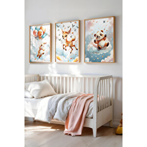 Gökyüzü Temalı Tavşan Geyik Panda 3'lü Ahşap Çerçeveli Tablo Seti 30x42 cm