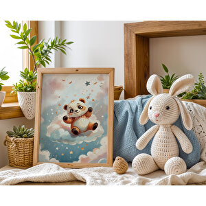 Gökyüzü Temalı Tavşan Geyik Panda 3'lü Ahşap Çerçeveli Tablo Seti 30x42 cm