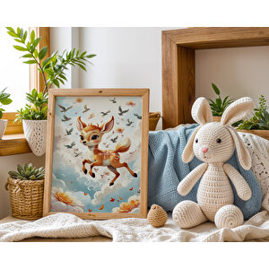 Gökyüzü Temalı Tavşan Geyik Panda 3'lü Ahşap Çerçeveli Tablo Seti 30x42 cm