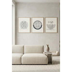 Minimal Hayvan Çizimleri 3’lü Ahşap Çerçeveli Tablo Seti - Salon Duvar Dekoru 50x70 cm