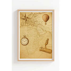 Vintage Harita Ve Gemi 3’lü Ahşap Çerçeveli Tablo Seti - Salon Dekoru 30x42 cm