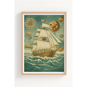 Vintage Harita Ve Gemi 3’lü Ahşap Çerçeveli Tablo Seti - Salon Dekoru 30x42 cm