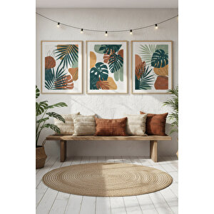 Tropikal Yapraklar 3’lü Ahşap Çerçeveli Tablo Seti - Salon Dekoru 30x42 cm
