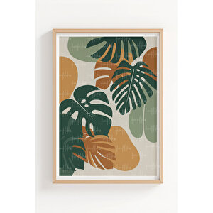 Tropikal Yapraklar 3’lü Ahşap Çerçeveli Tablo Seti - Salon Dekoru 30x42 cm