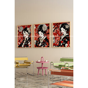 Japon Kadın Temalı 3'lü Ahşap Çerçeveli Tablo Seti - 30x42 30x42 cm