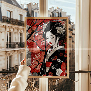 Japon Kadın Temalı 3'lü Ahşap Çerçeveli Tablo Seti - 30x42 30x42 cm