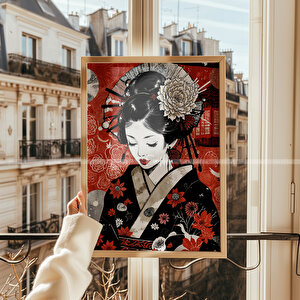 Japon Kadın Temalı 3'lü Ahşap Çerçeveli Tablo Seti - 30x42 30x42 cm