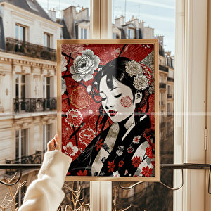 Japon Kadın Temalı 3'lü Ahşap Çerçeveli Tablo Seti - 30x42