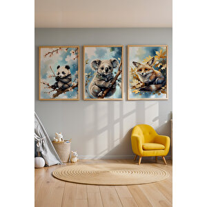 Panda, Koala Ve Tilki 3’lü 1. Kalite Ahşap Çerçeveli Tablo Seti – Çocuk Odası Dekoru 30x42 cm