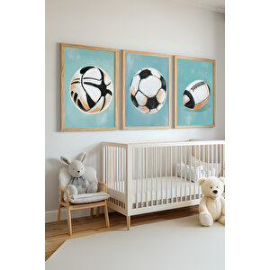 Spor Topları Temalı 3'lü Ahşap Çerçeveli Tablo Seti 21x30 cm