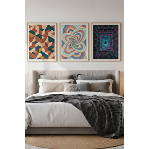 Geometrik Ve Optik Sanat 3’lü Ahşap Çerçeveli Tablo Seti - Yatak Odası Dekoru 30x42 cm