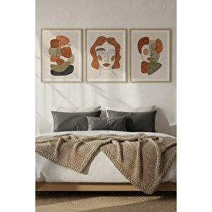 Soyut Kadın Yüzleri 3’lü İnsan Temalı Ahşap Çerçeveli Tablo Seti - Yatak Odası Dekoru 21x30 cm