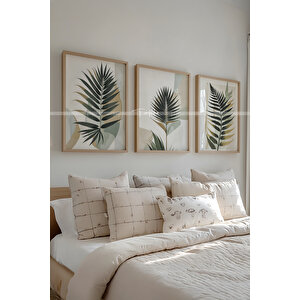 Minimalist Yaprak Desenli 3'lü Ahşap Çerçeveli Tablo Seti-21x30 21x30 cm