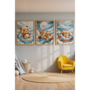 Bebek Ve Çocuk Odası Uykucu Hayvanlar Tema Ahşap Çerçeveli 3'lü Tablo Seti 21x30 cm