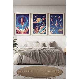 Uzay Ve Astronot 3’lü Modern Ahşap Çerçeveli Tablo Seti - Yatak Odası Dekoru 50x70 cm