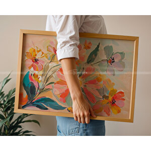 Canlı Çiçek Desenli Ahşap Çerçeveli 3'lü Tablo Seti 21x30 cm