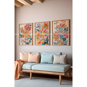 Canlı Çiçek Desenli Ahşap Çerçeveli 3'lü Tablo Seti 30x42 cm