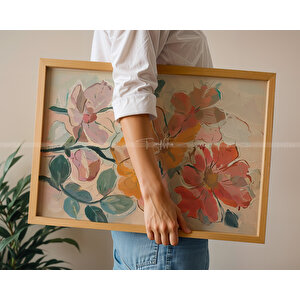 Canlı Çiçek Desenli Ahşap Çerçeveli 3'lü Tablo Seti