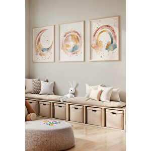 Bebek Ve Çocuk Odası Pastel Ay, Güneş Ve Gökkuşağı Tema Ahşap Çerçeveli 3'lü Tablo Seti 21x30 cm