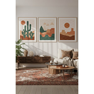 Kaktüs Çöl Manzarası 3’lü Geometrik Ahşap Çerçeveli Tablo Seti 30x42 cm