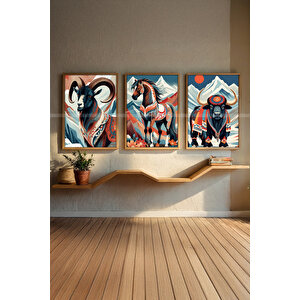Etnik Hayvan Temalı 3'lü Ahşap Çerçeveli Tablo Seti - 30x42 30x42 cm