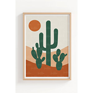 Kaktüs Çöl Manzarası 3’lü Geometrik Ahşap Çerçeveli Tablo Seti 21x30 cm
