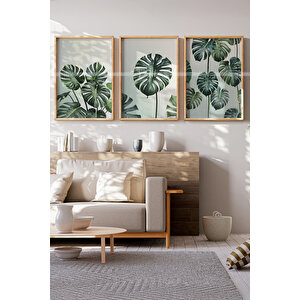 Monstera Yaprakları 3'lü Ahşap Çerçeveli Tablo Seti 21x30 cm