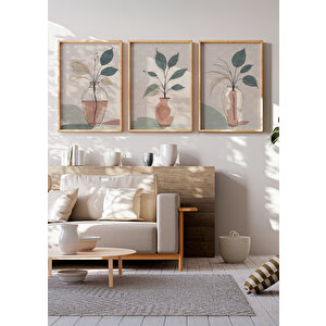 Minimalist Vazolu Bitki Desenli 3 Parçalı Ahşap Çerçeveli Tablo Seti 50x70 cm