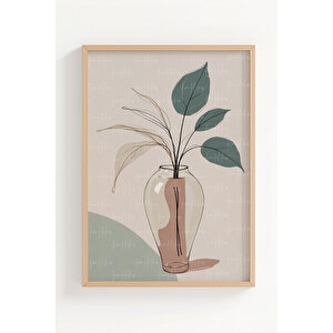 Minimalist Vazolu Bitki Desenli 3 Parçalı Ahşap Çerçeveli Tablo Seti 50x70 cm