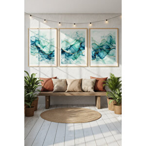 Mavi Ve Yeşil Soyut Doku Temalı 3’lü Ahşap Çerçeveli Tablo Seti - Modern Dekor 30x42 cm